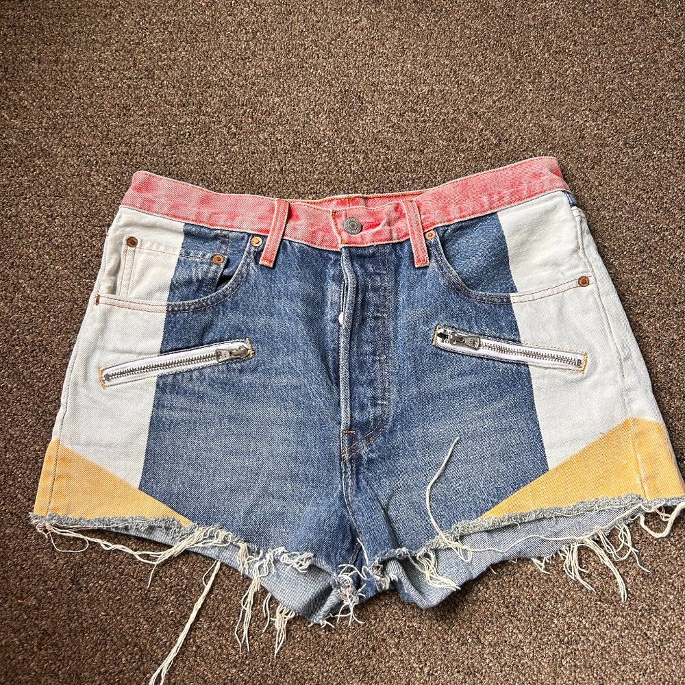 Rare Levi's 501 Button Fly Denim Color Block Jean Shorts Blue Red Size 30